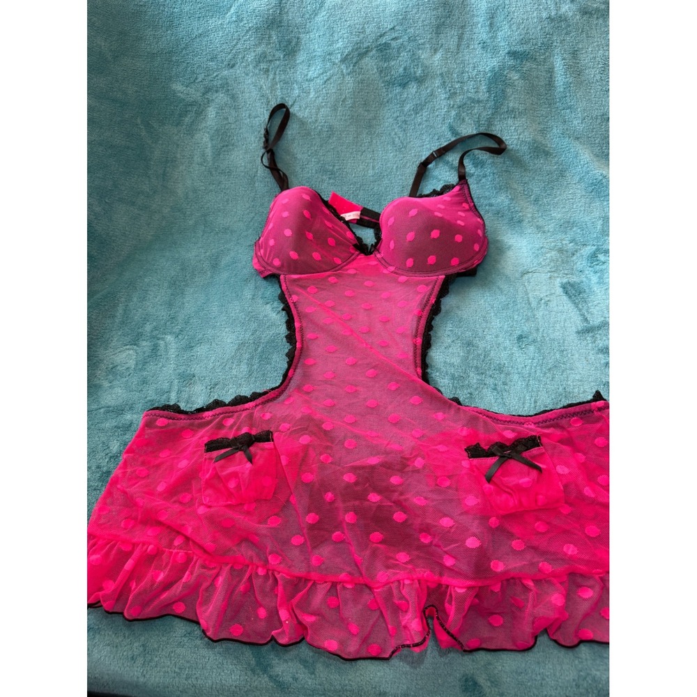 Native Intimates Hot Pink Black Polka Dot Lace Trim Babydoll Chemise 36C RN92713